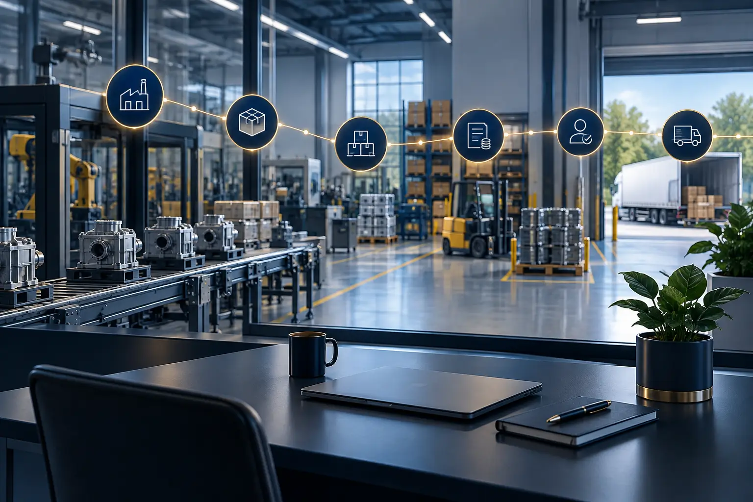 A navy and blue manufacturing scene with connected production, inventory and finance workflows, accented in white and gold.