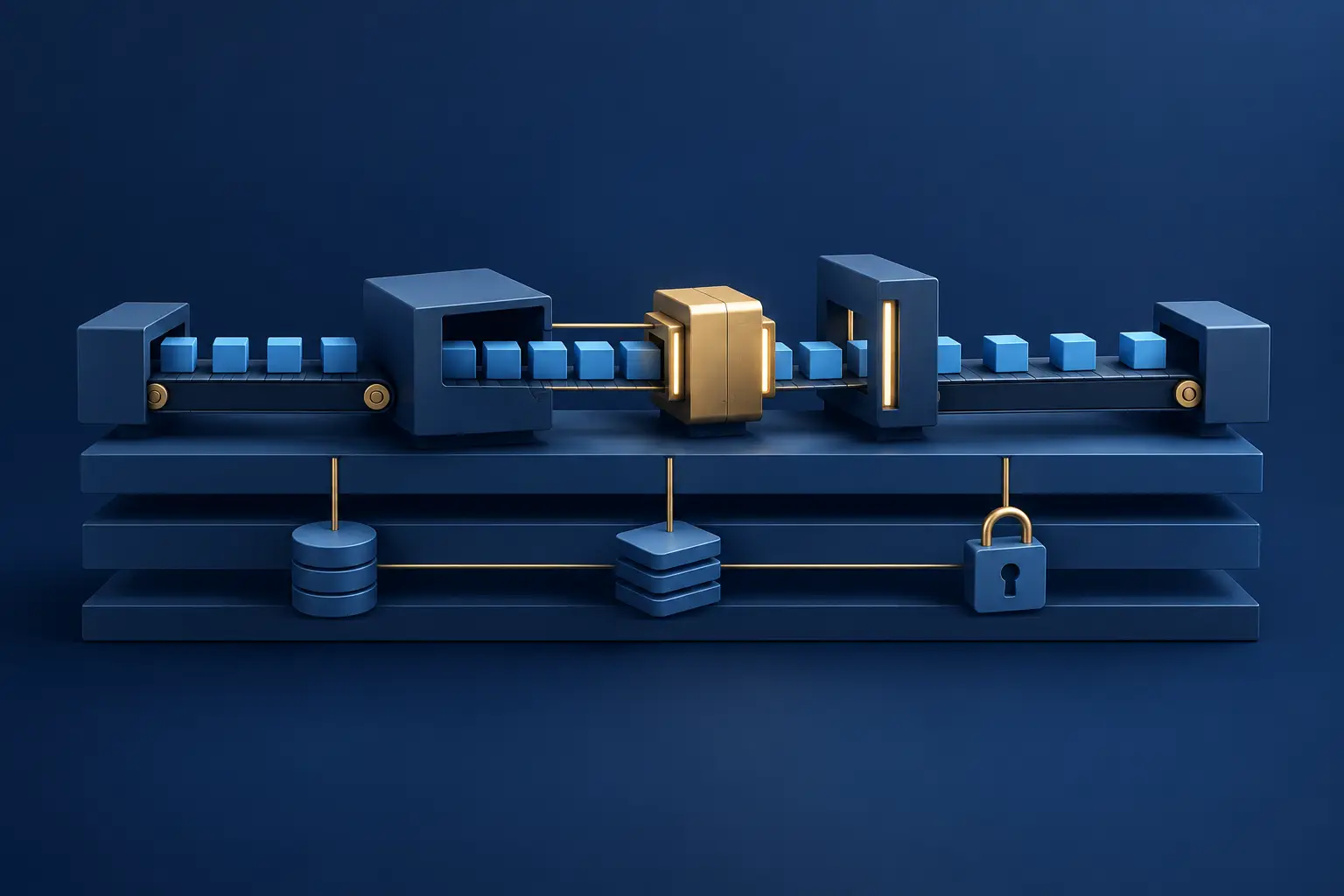 Blue tiles queue along a modular route on a navy base, passing through a fitted gold component before emerging evenly spaced through a narrow gate.