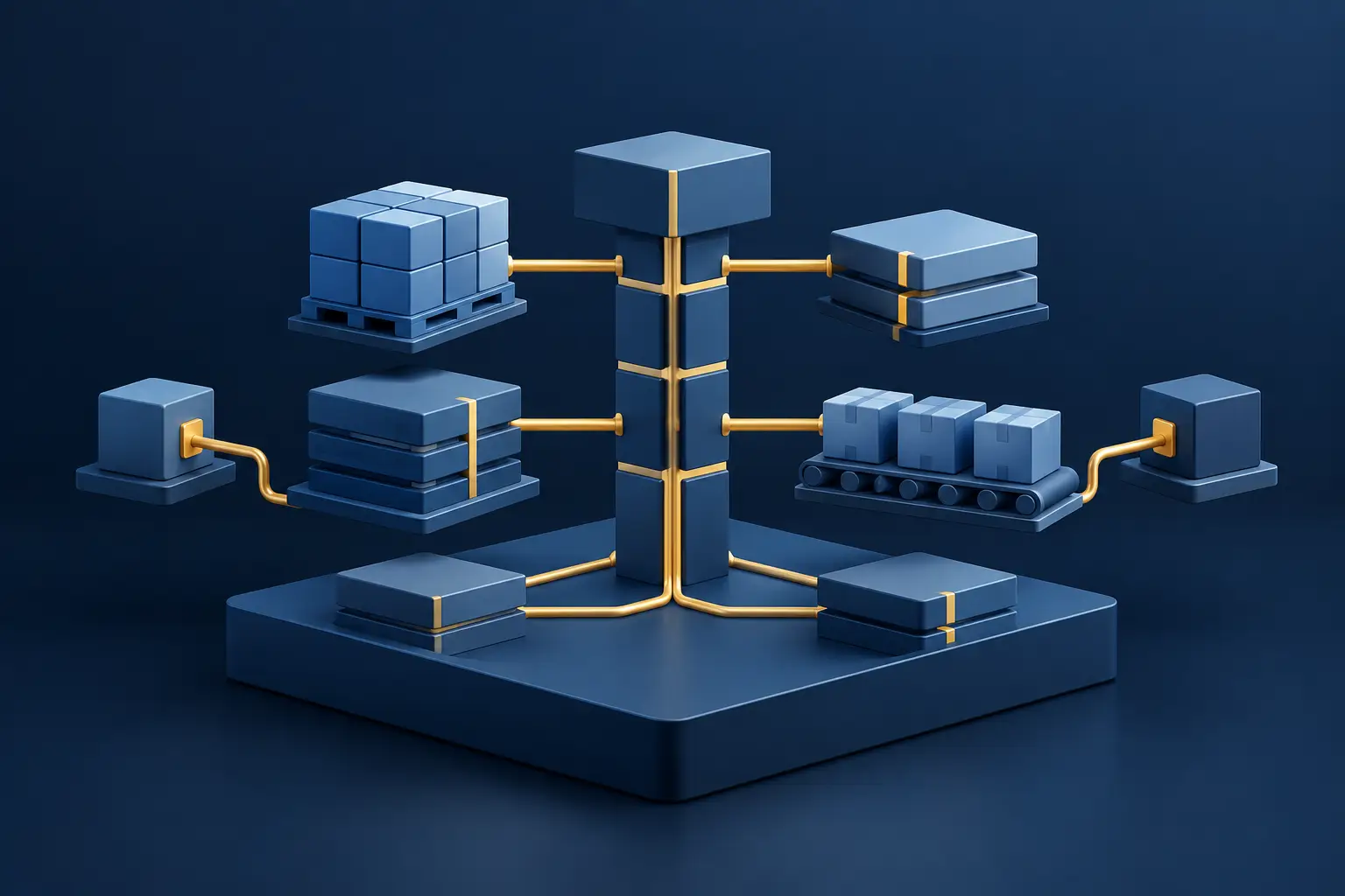 Interlocking blue blocks sit on a solid navy foundation, joined by a central spine and fine gold routes, with separate blocks linked alongside.