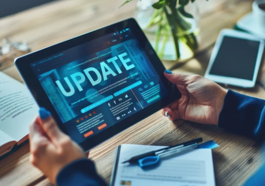 A person holding a tablet that displays the word Update, the original featured image from the InteliSense IT 2025 Business Central article.