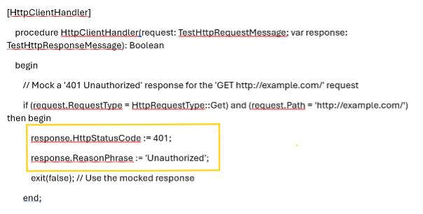 An AL HttpClientHandler procedure returning a mocked 401 Unauthorized response for a GET request.