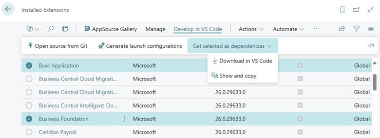 The Business Central Installed Extensions page showing Get selected as dependencies and Download in VS Code actions.