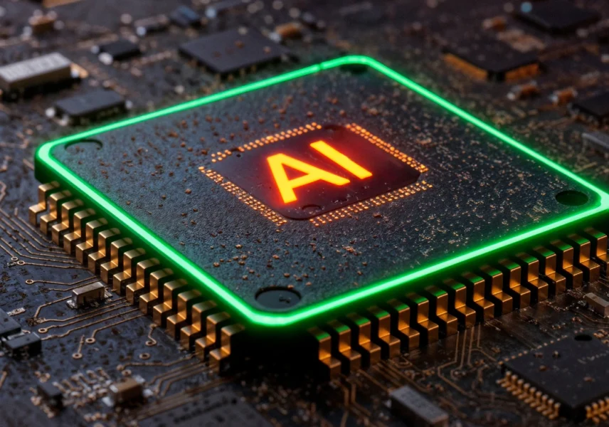 A glowing computer chip marked AI on a circuit board, the original featured image from the InteliSense IT article.