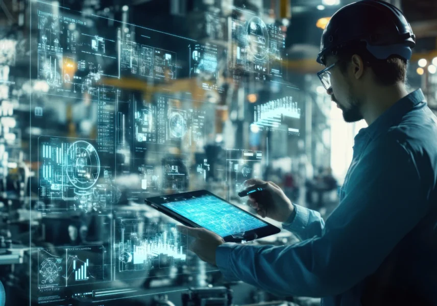 A factory worker in orange protective clothing reviewing manufacturing dashboards on a monitor and laptop, the original inline image from the InteliSense IT article.