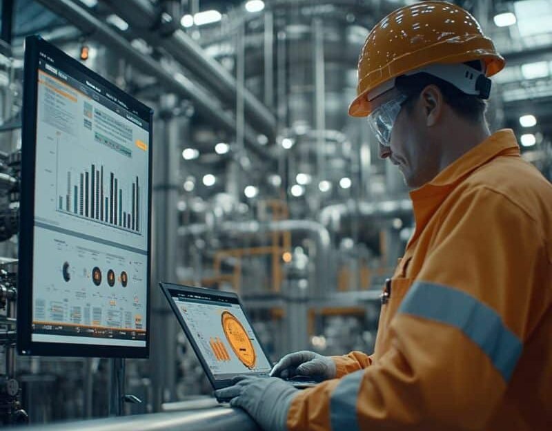 A factory worker in orange protective clothing reviewing manufacturing dashboards on a monitor and laptop, the original inline image from the InteliSense IT article.