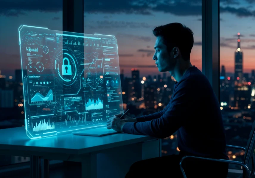 A person working beside a large illuminated digital dashboard with charts and a security symbol, the original featured image from the 2024 InteliSense IT partnership article.