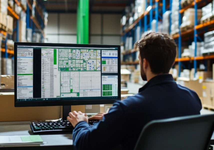 A warehouse employee reviewing planning and operational information on a large monitor, the original featured image from the InteliSense IT article.