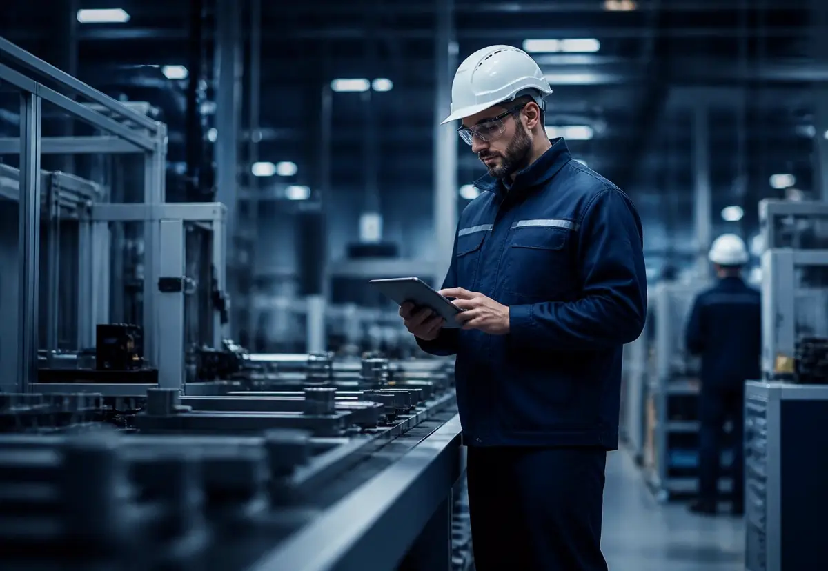 Operator reviewing production data on a tablet in a manufacturing facility